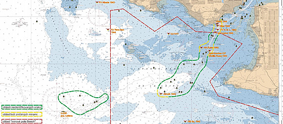 Mapa ásti identifikovaných vrak v Biskajském zálivu. Tch neidentifikovaných...