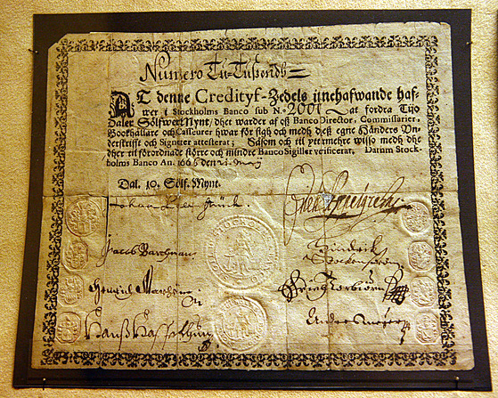 První papírovou bankovku vydala védská bankaStockholms Banco