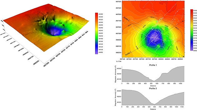 Mapa maarov diatrmy - dvn sopky v Jizerskch horch. Mapa nen povrchem, ale magnetickm obrazem. Negativn anomlie (modr) je tvoena zbytkem bazaltovho tlesa uloenm v hloubce pes sto metr. Vrak ponorky vak bude tvoit takzvan dipl, tedy pozitivn anomlii doplnnou men negativn.