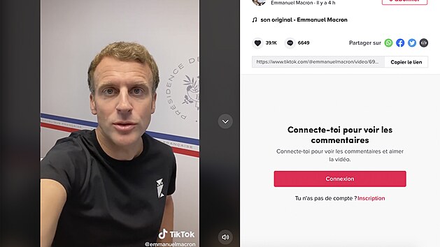 Francouzsk prezident Emmanuel Macron  ve videu na Tik Toku(3. srpna 2021)