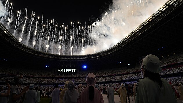 Ohostroj na konci zvrenho ceremonilu letnch olympijskch her 2020. Nedle 8. srpna 2021, Tokio, Japonsko