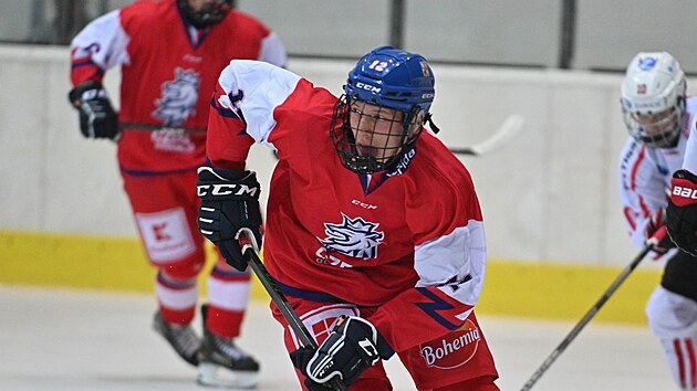 Český hokejista Eduard Šalé vyváží puk na turnaji Hlinka Gretzky Cupu hráčů do 18 let.