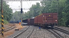 U Kralup nad Vltavou vykolejilo nkolik voz nákladního vlaku. (4. srpna 2021)