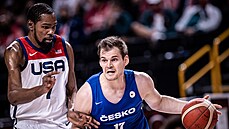 eský basketbalista Jaromír Bohaík (vpravo) útoí na americký ko, brání ho...