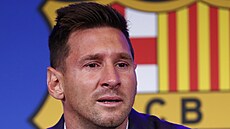 Lionel Messi na tiskové konferenci po konci v Barcelon