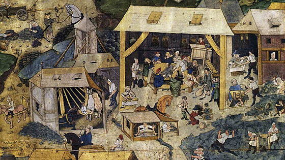 Těžba a úprava stříbrné rudy v Kutné Hoře. Knižní malba z 90. let 15. století