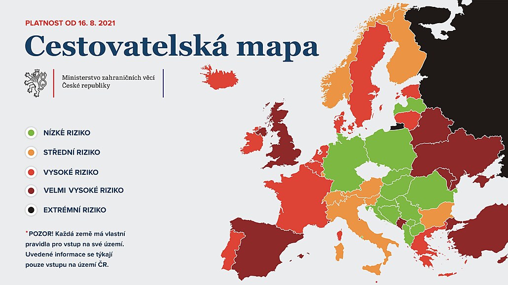 Cestovatelská mapa, která platí od 16. srpna.