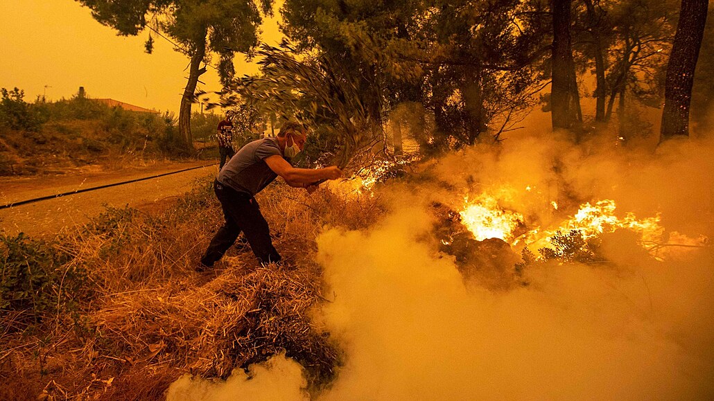 Ohnivé peklo. Muž se snaží uhasit oheň větvičkou na řeckém ostrově Evia.