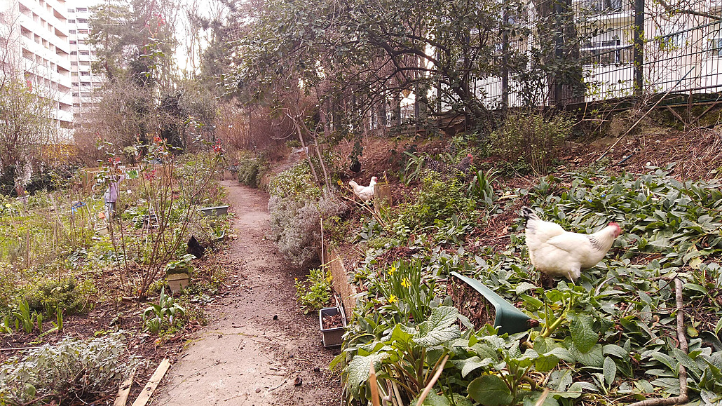 Komunitní zahrada Jardin Santerre na paíském sídliti.