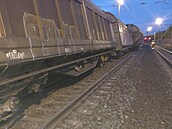 Vykolejené vozy nákladního vlaku v Nelahozevsi (19. srpna 2021)