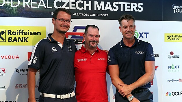 Henrik Stenson (vpravo), Rory Sabbatini a Ondej Lieser na tiskov konferenci k turnaji Czech Masters