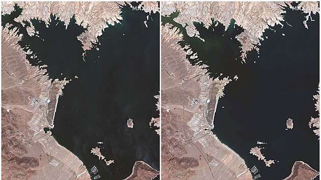 Satelitn snmky od firmy Maxar Technologies zobrazuj jezero Mead v kvtnu 2020 a v ervenci 2021.