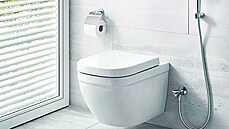 Oblé splachovací tlačítko Arena Cosmopolitan S doplňuje závěsné WC Euro Ceramic...
