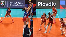 eské volejbalistky (vlevo) v utkání proti Bulharsku.