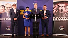 Pedstavitelé stran koalice Spolu Petr Fiala, Marian Jureka a Markéta Pekarová...