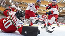 eské hokejistky skórují na mistrovství svta v utkání proti Maarsku.