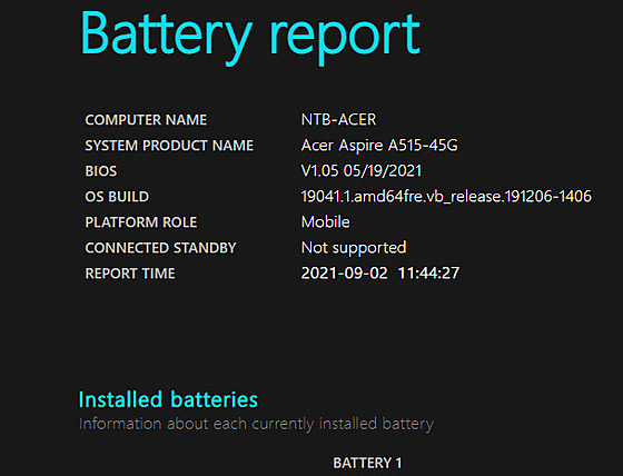 Report o baterii se základními informacemi