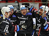 Karlovarští hokejisté se radují z gólu.