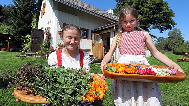 Leontýnka a Lucie, dcery Lenky Reicheltové, ukazují bylinky, z nichž jejich maminka vaří bylinná mýdla.