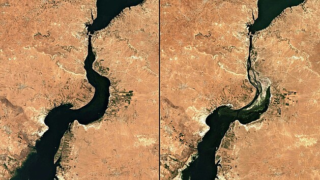 Satelitn snmky (vlevo z 25. srpna 2020, vpravo z 25. srpna 2021) ukazuj pokles hladiny v Asadov jezee na ece Eufrat.