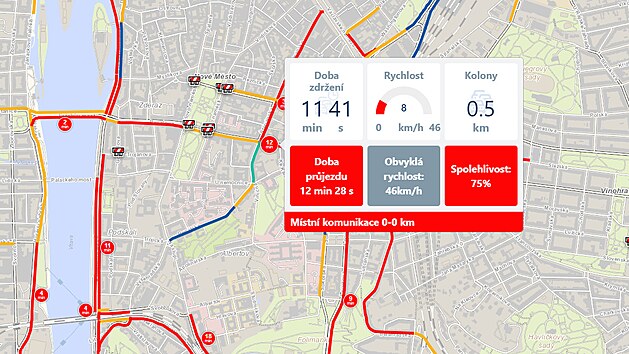 Situace v Praze v osobn doprav ve stedu po devt dopoledne s daji o zdren v Jen ulici (8. z 2021)