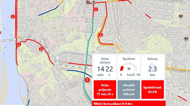 Situace v Praze v osobn doprav ve stedu po devt dopoledne s daji o zdren v ulici 5. kvtna vetn Nuselskho mostu (8. z 2021)