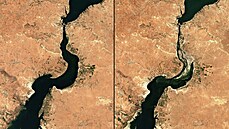 Satelitní snímky (vlevo z 25. srpna 2020, vpravo z 25. srpna 2021) ukazují...