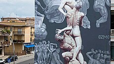 Boní fasáda Moravského divadla v Olomouci nese mural, který zaal tvoit Ital ...