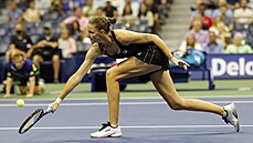 eská tenistka Karolína Plíková se sápe po míku ve tvrtfinále US Open.