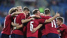 Čeští fotbalisté se radují z vyrovnávacího gólu ze závěru přípravného utkání s...