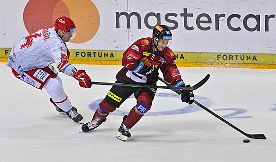 Andrej Nestrail z Tince napadá hokejkou Erika Thorella ze Sparty.