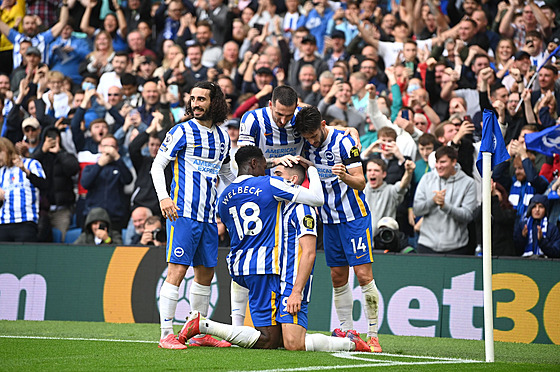 Fotbalisté Brightonu se radují z gólu proti Leicesteru.