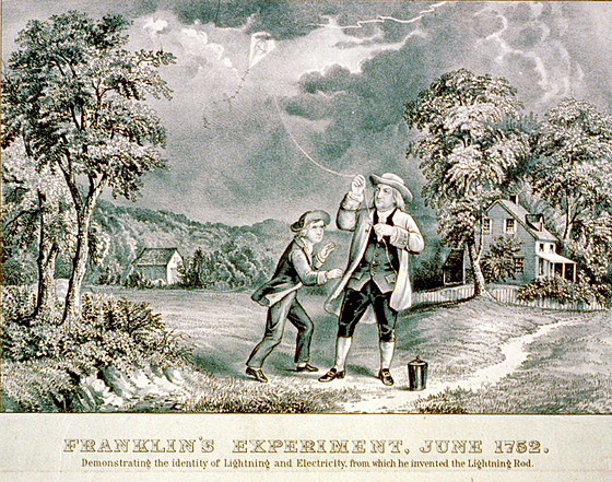 Benjamin Franklin na obrázku pi svém pokusu s hromosvodem umístným na...