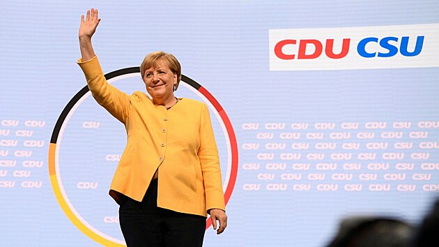 Angela Merkelová při zahájení volební kampaně CDU/CSU v Berlíně (21. srpna 2021)