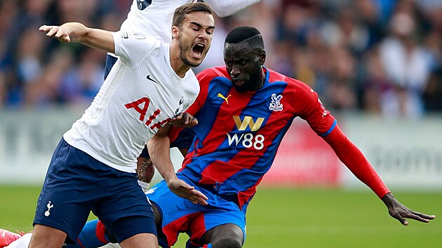 Cheikhou Kouyate z Crystal Palace (vpravo) zastavuje Harryho Winkse z Tottenhamu.