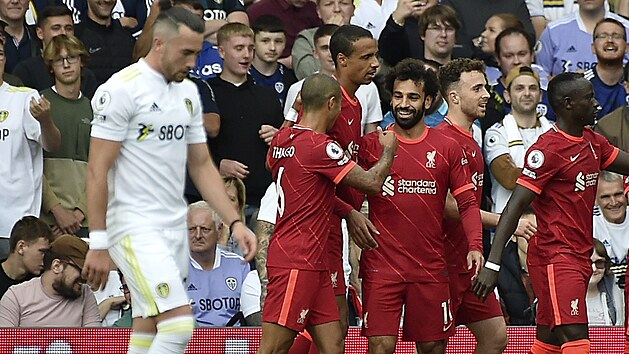Fotbalist Liverpoolu se raduj z glu proti Leedsu. Trefil se Mohamad Salah (elem).