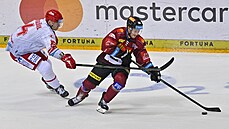 Andrej Nestrail z Tince napadá hokejkou Erika Thorella ze Sparty.