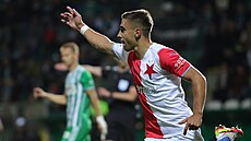 Ondej Lingr ze Slavie se raduje ze vstelené branky v zápase proti Bohemians.