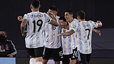 Lionel Messi (uprosted)  a jeho argentintí spoluhrái se raduhí z gólu v...