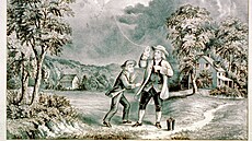 Benjamin Franklin na obrázku při svém pokusu s hromosvodem umístěným na...