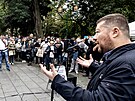 Tomio Okamura hovoí na pedvolební kampani SPD v Plzni. (18. záí 2021)