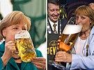 Vlevo: Angela Merkelová si dopává pivo na veletrhu v Mnichov v roce 2013....