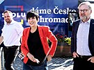 Marian Jureka, Markéta Pekarová a Petr Fiala na pedvolebním mítinku koalice...