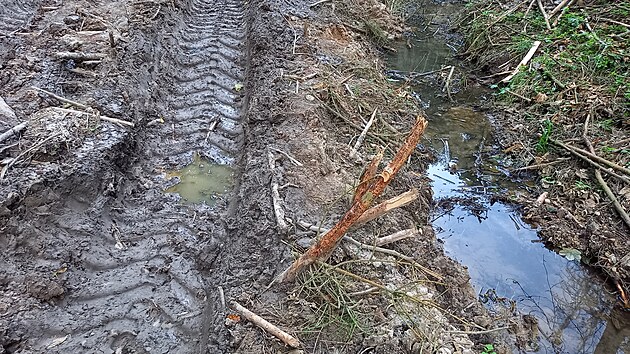 Kcen v lesch obce Liboovice zanechalo zdevastovanou nivn louku i dno dol, hlubok koleje, uvzl harvestor, lesn paseku i zahzen potok.