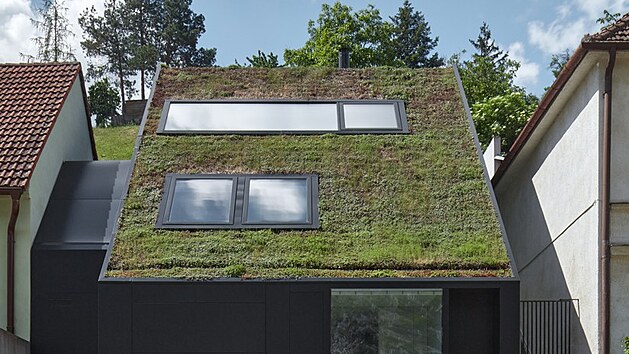 Do zelené plochy střechy jsou vyříznuté dva asymetricky umístěné okenní otvory dětských pokojů a obytného prostoru.