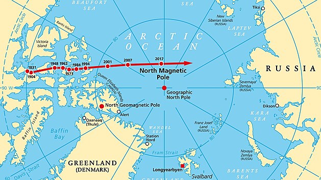 Severní magnetický pól versus geografický severní pól planety Země