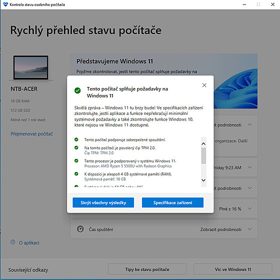 Výsledky kontroly stavu připravenosti PC na Windows 11
