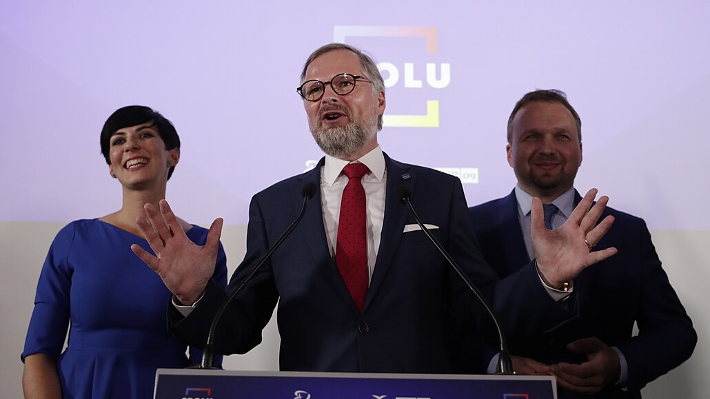 Vítzné volební trio koalice SPOLU. (9. íjna 2021)
