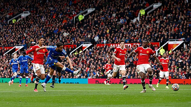 Andros Townsend z Evertonu (v modrm) vyrovnv v utkn Premier League proti Manchesteru United na 1:1.