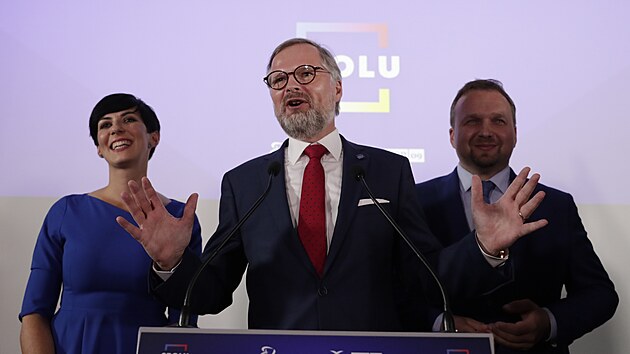 Vítzné volební trio koalice SPOLU. (9. íjna 2021)